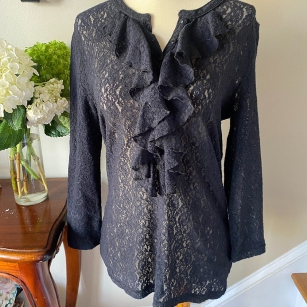 Ralph Lauren Black Stretch Lace Ruffle Top M - Picture 2 of 6